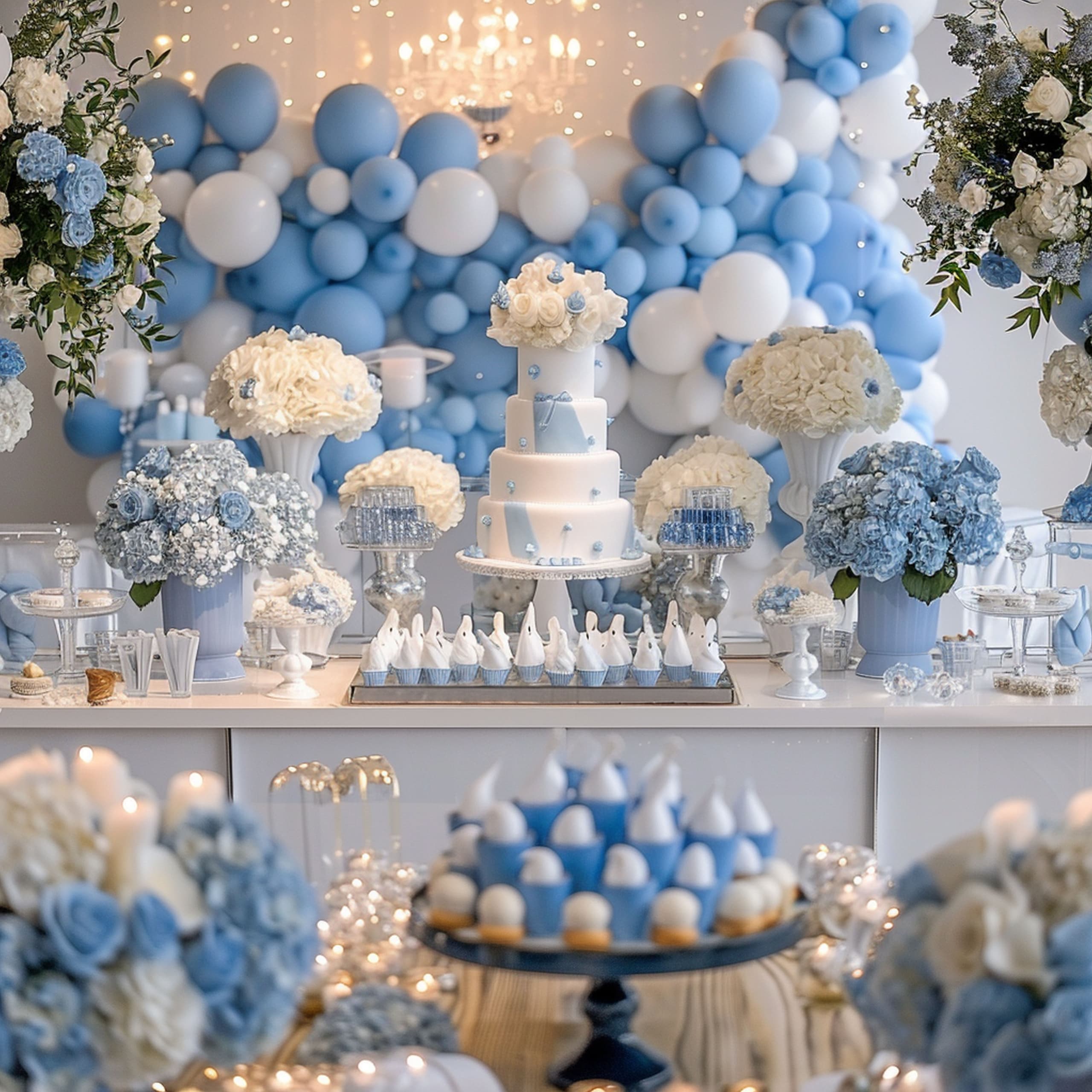 Masă de botez decorată în alb și bleu, cu tort pe trei etaje, flori și un perete de baloane albastre și albe